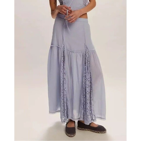 Free People Free-Est Aimee Maxi Skirt Sheer Lace Pull-on Tiered Flowy M 283583 - Picture 1 of 8